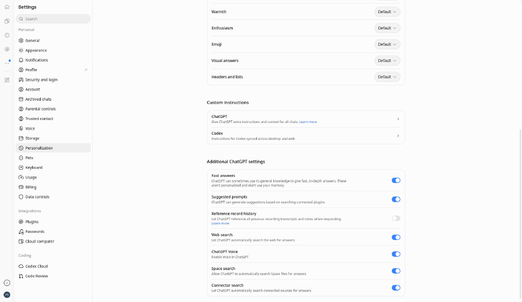 ChatGPT Settings → Personalization with Custom instructions