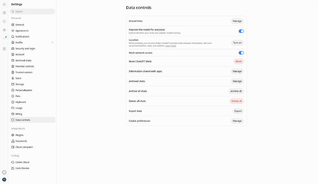 ChatGPT Settings → Data controls with Improve the model for everyone
