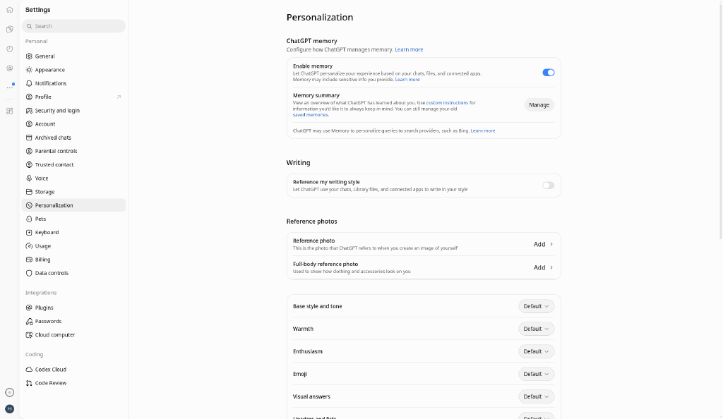 ChatGPT Settings → Personalization → Memory with Enable memory