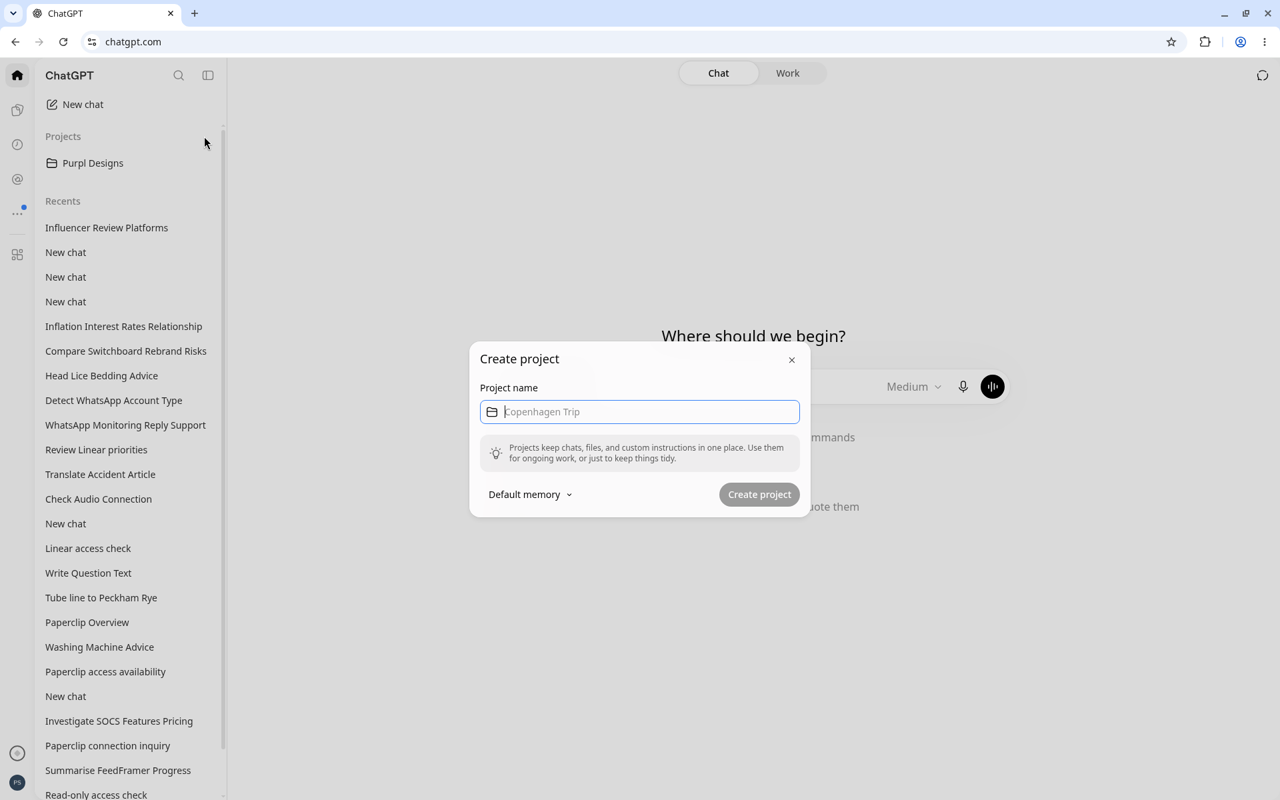 ChatGPT New project dialog with name and Default memory