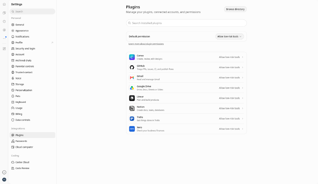 ChatGPT Settings → Plugins with connected apps including Gmail