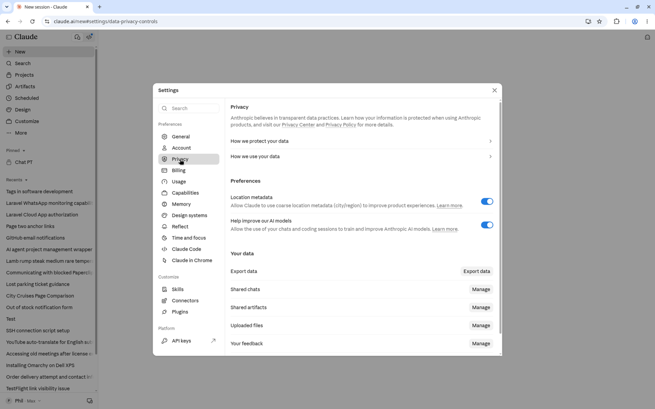 Claude Settings → Privacy with Help improve our AI models